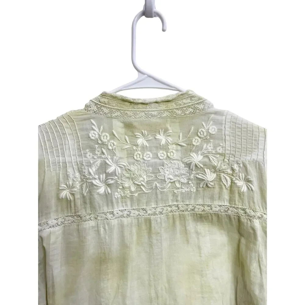 LoveShackFancy Ronda Embroidered Long Sleeve Blouse Floral Green Tie‎ Dye Size L